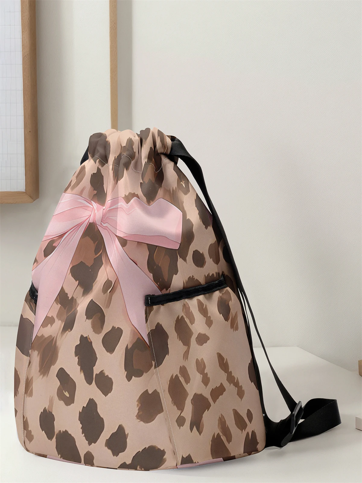 Bow Pattern Printed Drawstring Backpack - Large Capacity Durable Fitness Bag, Adjustable Shoulder Straps, Sports Beach Backpack