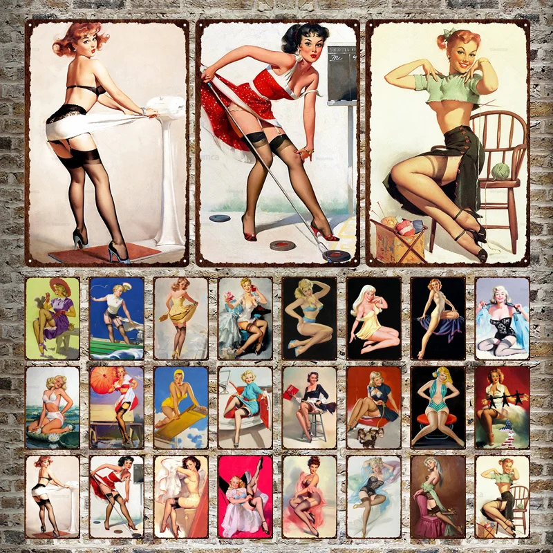 

Pin Up Girl Metal Poster Sexy Lady Vintage Tin Sign Decor Plate Shabby Chic Metal Plaque for Garage Man Cave Bar Club Home