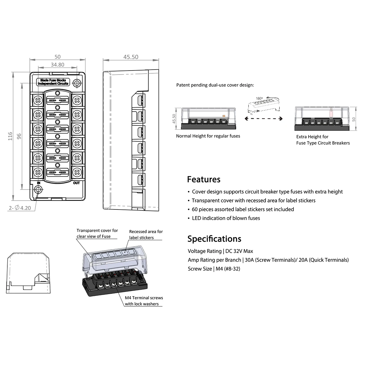 Mini Car Fuse Car Boat 6 Way Bracket Fuse 12v 24v Blade Modified Medium Fuse Box Terminal Block with LED Warning Light 3