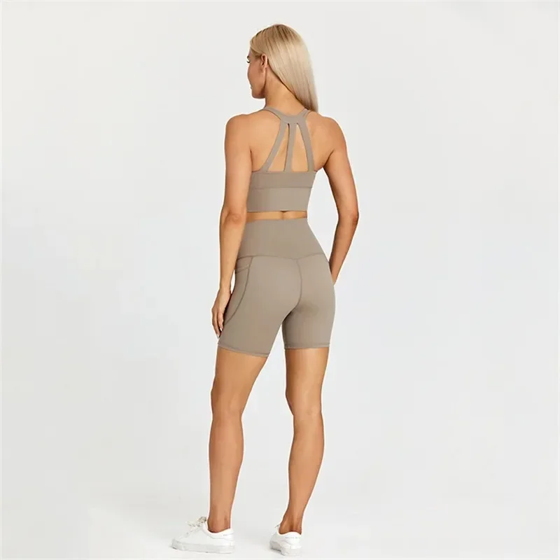 Lemon Women Sport Suit High Waist Short And Fitness Bra 2pcs With Pocket Short Legging Yoga Set Ride Gym Workout Training