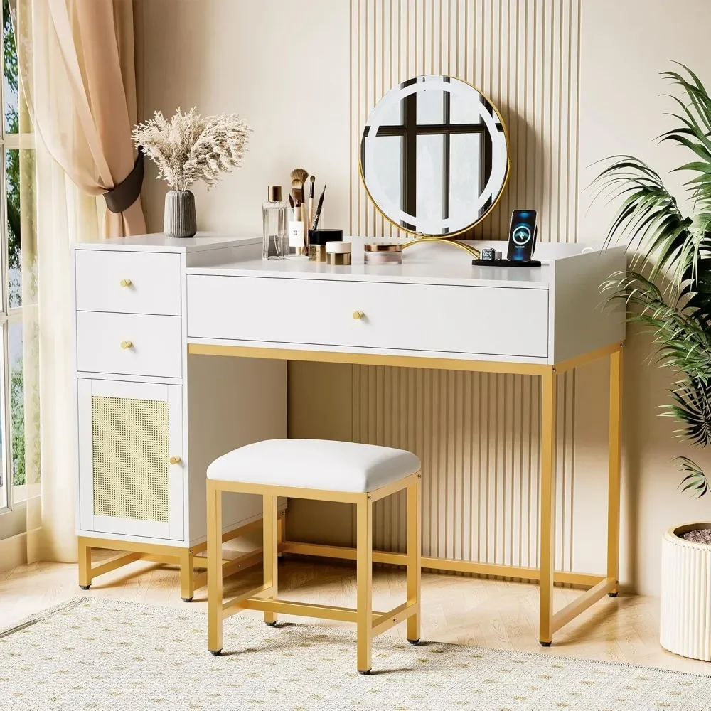 Office Furniture Desk Sets, Computer Desk And Chair Set, White And Gold Desk With 3 Drawers And Rattan Cabinet,Home Office 4