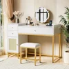 Office Furniture Desk Sets, Computer Desk And Chair Set, White And Gold Desk With 3 Drawers And Rattan Cabinet,Home Office 4