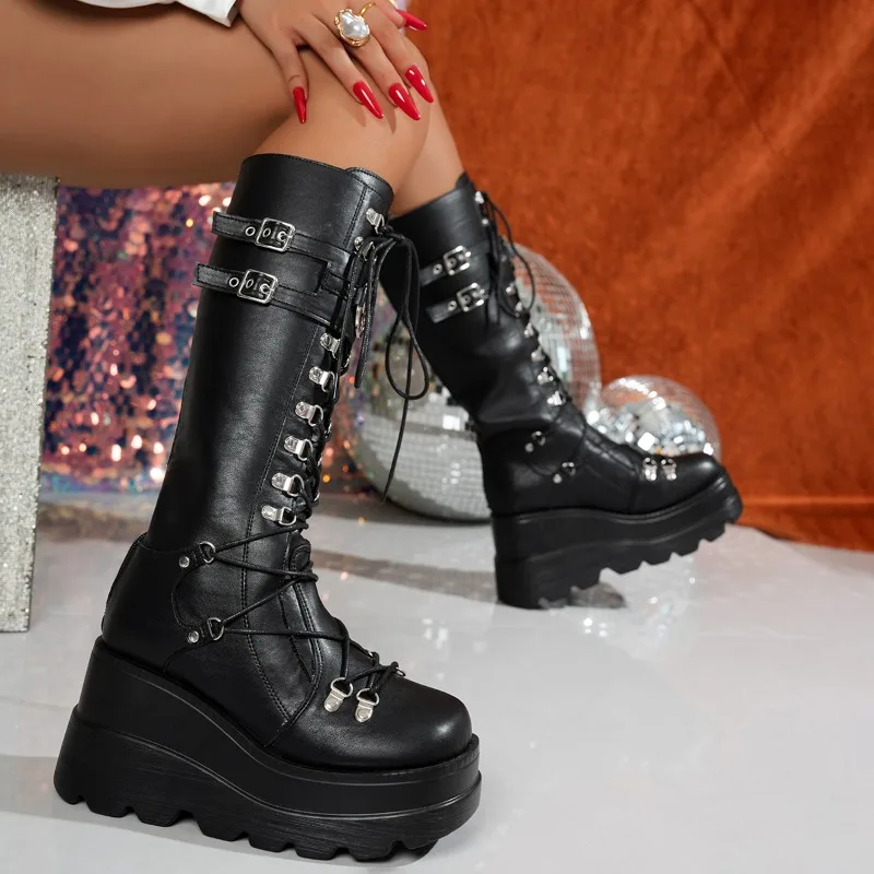 Punk Style Platform Motorcycle Boots Women Fashion Rivet Buckle Decor Combat Booties Woman Thick Sole Wedge Heel Mid Calf Boots