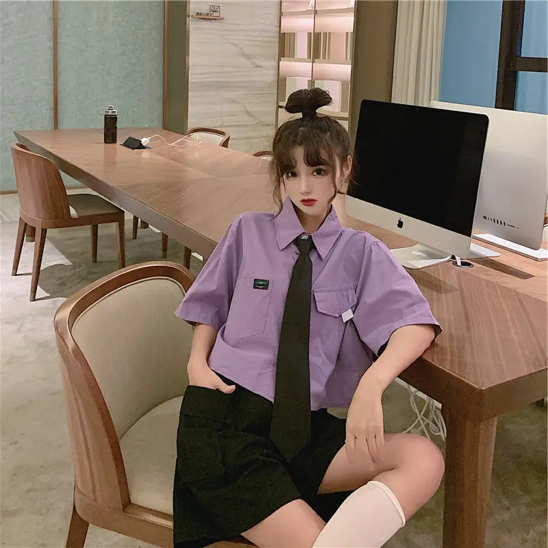 

Top for Woman Cute Clothing Loose Collar Kawaii Women's Shirts and Blouses Button Up Short Sleeve M Elegant Korea Stylish Social
