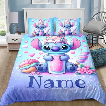 Custom Name Stitch Cartoon Duvet Cover Set 1 Duvet Cover & 2 Pillowcases (No Insert) Personalized Bedding Set for Women Teens 1