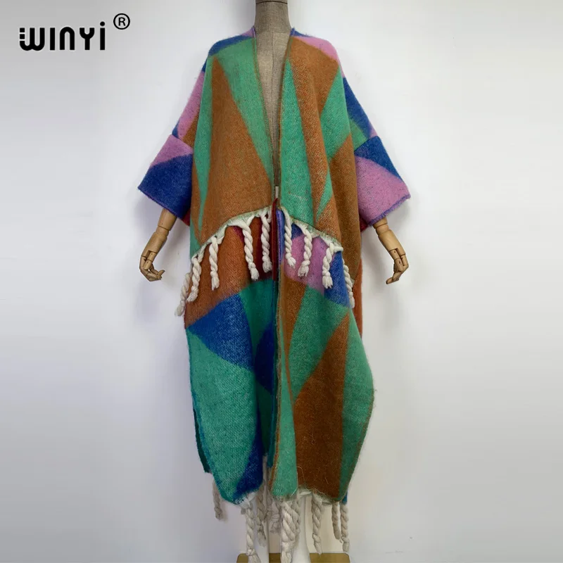 WINYI 2022 Winter Women tassel Cardigan coat Loose Christmas dress robe longue Thick Warm free size Middle East Female Kaftan
