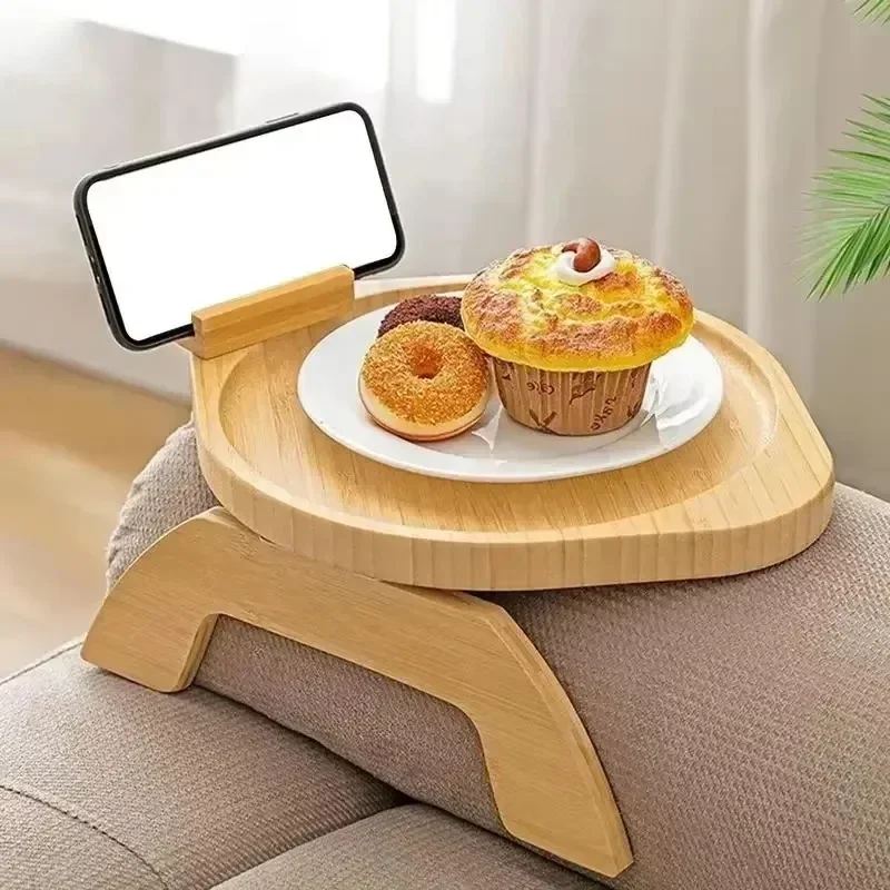 1pc Sofa Arm Tray Table with Phone Holder Sofa Armrest Clip-On Tray Wooden Couch Arm Tray for Remote Control Snacks Coffee Cups 4