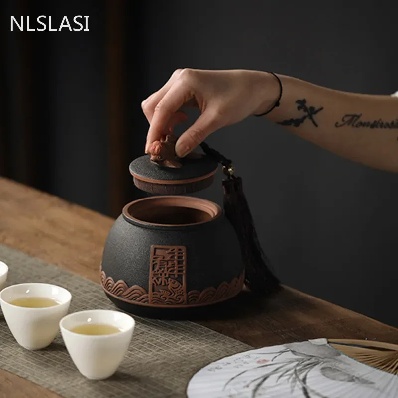 Traditional Pottery Tea Caddy Large Capacity Ceramic Storage Tank Portable Sealed Travel Tea Jar Candy Coffee Spice Container tea canister ceramic storage jar airtight container