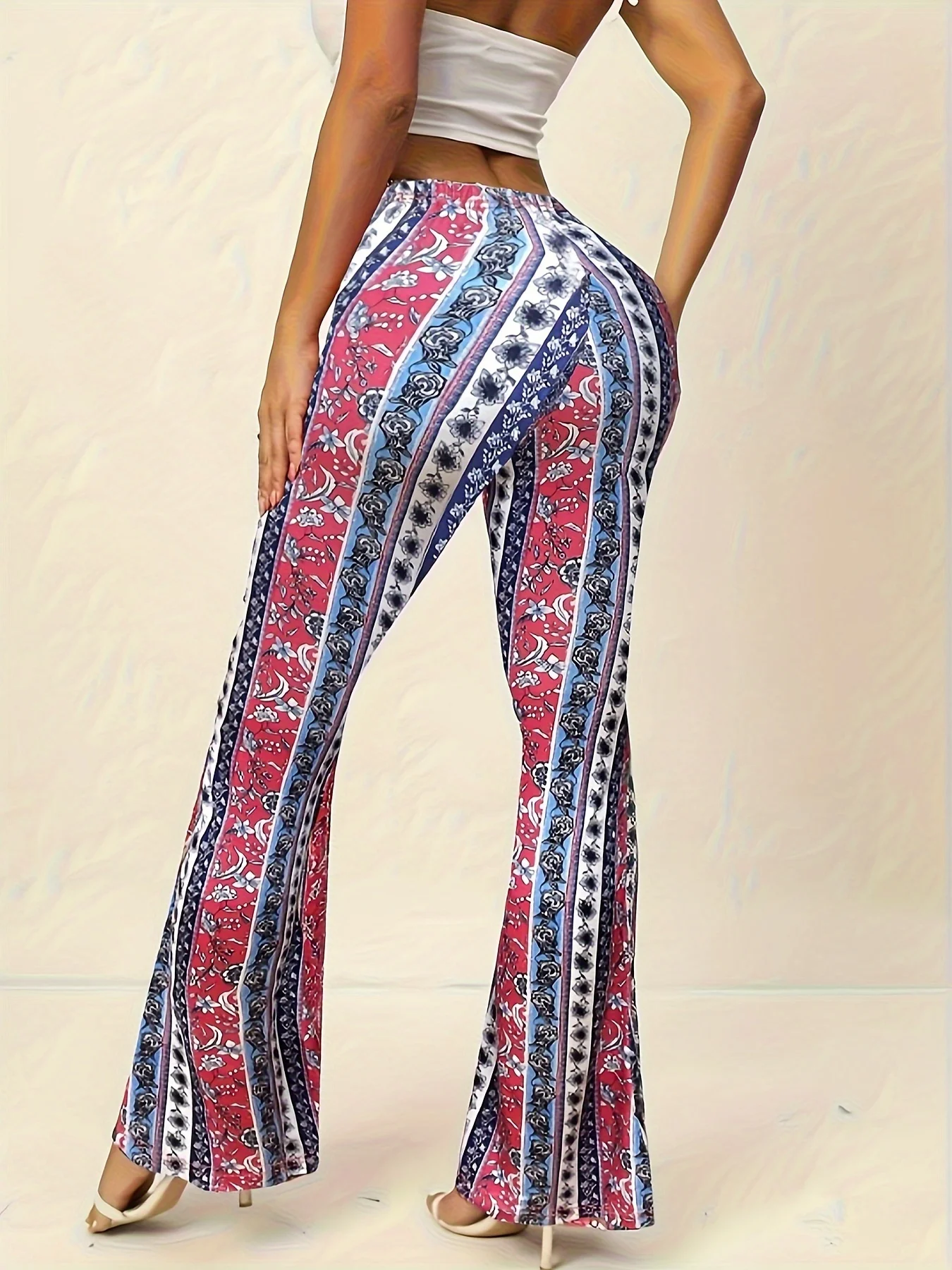 Ladies' Elegant Floral Print Flared Pants Casual Leggings Fashionable Women's Comfortable Long Pants 2