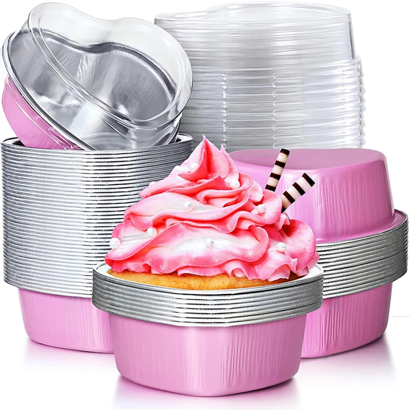 Hot!!10Pcs 100ml Aluminum Foil Cake Pan Heart Shaped Cupcake Cup with Lids Flan Baking Pans for Mother's Day Wedding Birthday