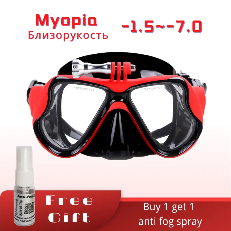 Myopia Diving Mask with Gopro Bracket, withth Anti-Fog Spray,Resin Plastic Lens for Swimming and Snorkeling (1.5-6.0)