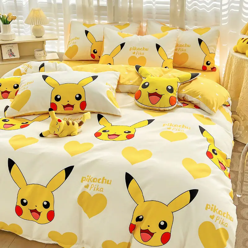 

Pokemon Pikachu anime cartoon Psyduck children's three-piece cute bed sheet set quilt cover creative kawaii bedding wholesale