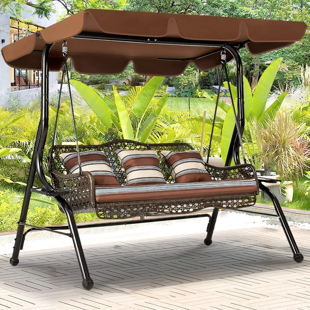

3-Seat Proch Swing Chair, Patio Swings with Canopy, 2 Side Trays, 3 Pillows & Removable Cushion, Patio Wicker Swing