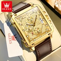 OLEVS 9925 Luxury Men Watch Gold Multi functional Square Quartz Watch Waterproof Luminous Timing Watch Sports Leather Men Watch