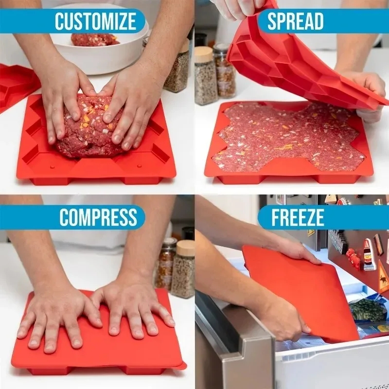 Patty Storage Container - 8 in 1 Silicone Burger Mold, Non-Stick Burger Press & Freezer Container