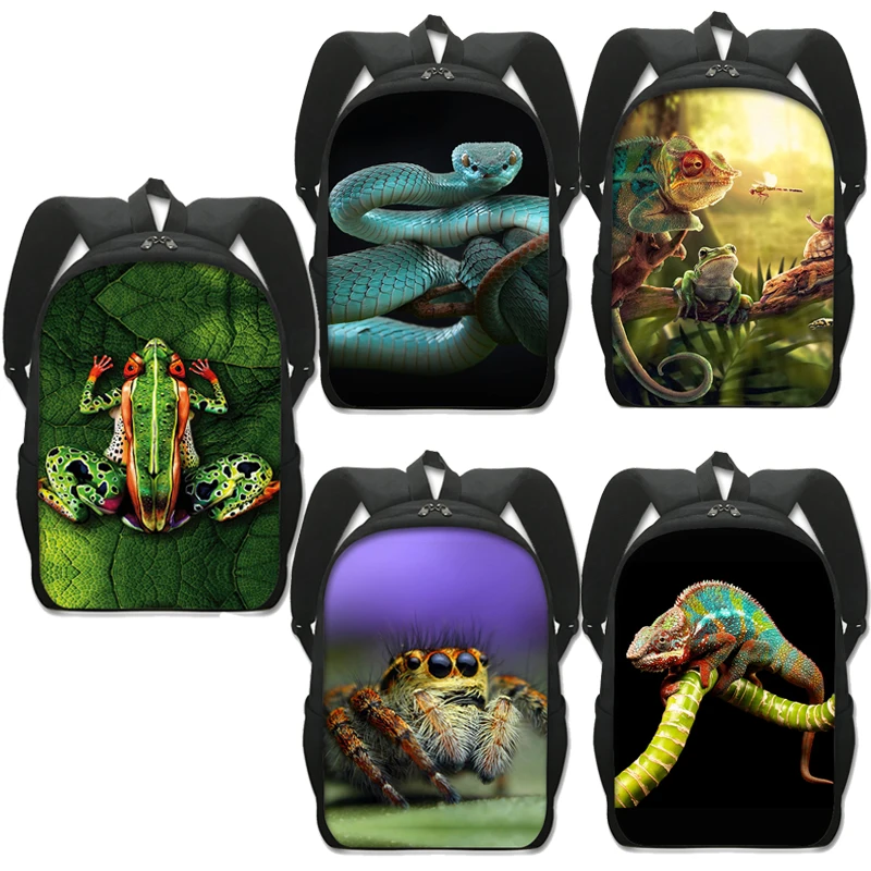 16 Inches Pet Frog Chameleon Snak Spider Animal Print Backpack Women School Bags for Travel Children Kids Book Bag Gift |