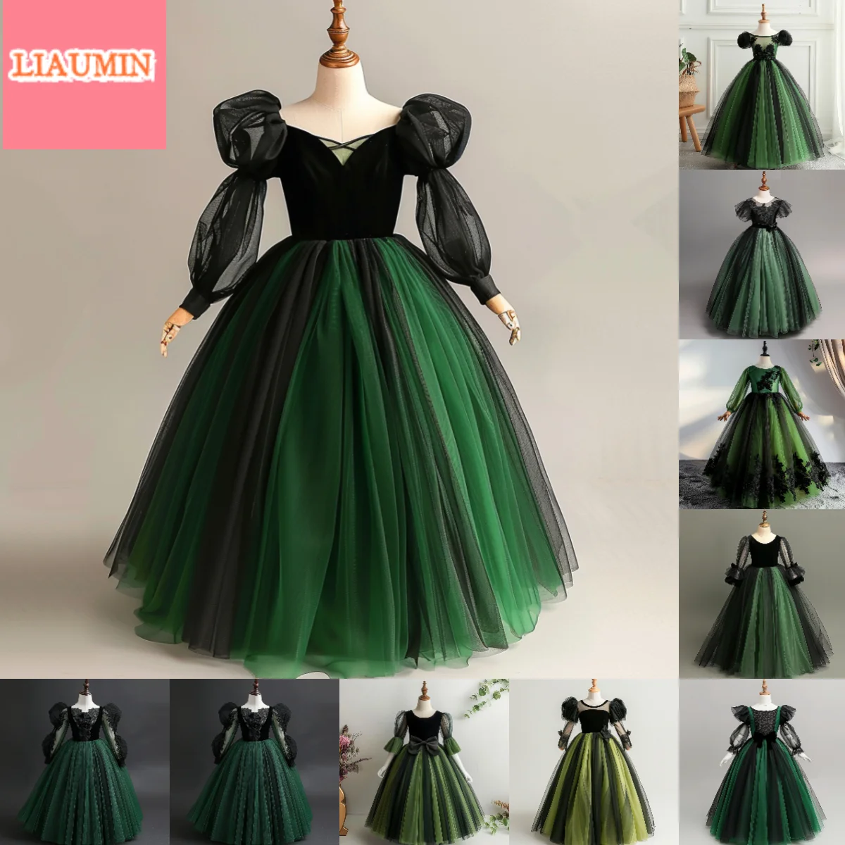 

Custom Green And Black Tulle Puffy Sleeve Flower Girl Dresses Brithday Party Princess First Communion Pageant Kids Skirt W8-26
