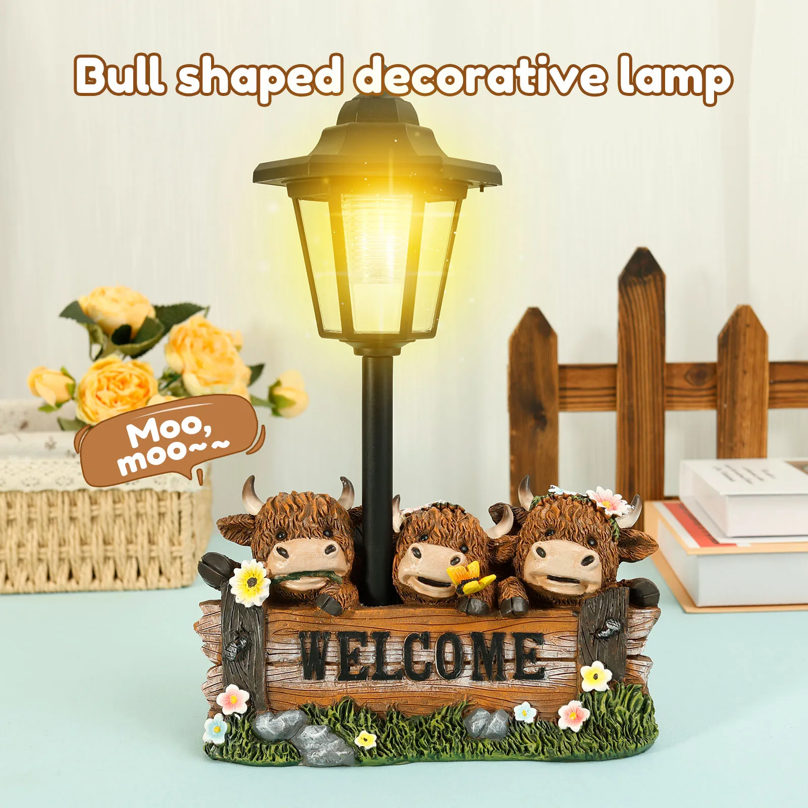 Solar LED Resin Cow Garden Statue Outdoor Lamp