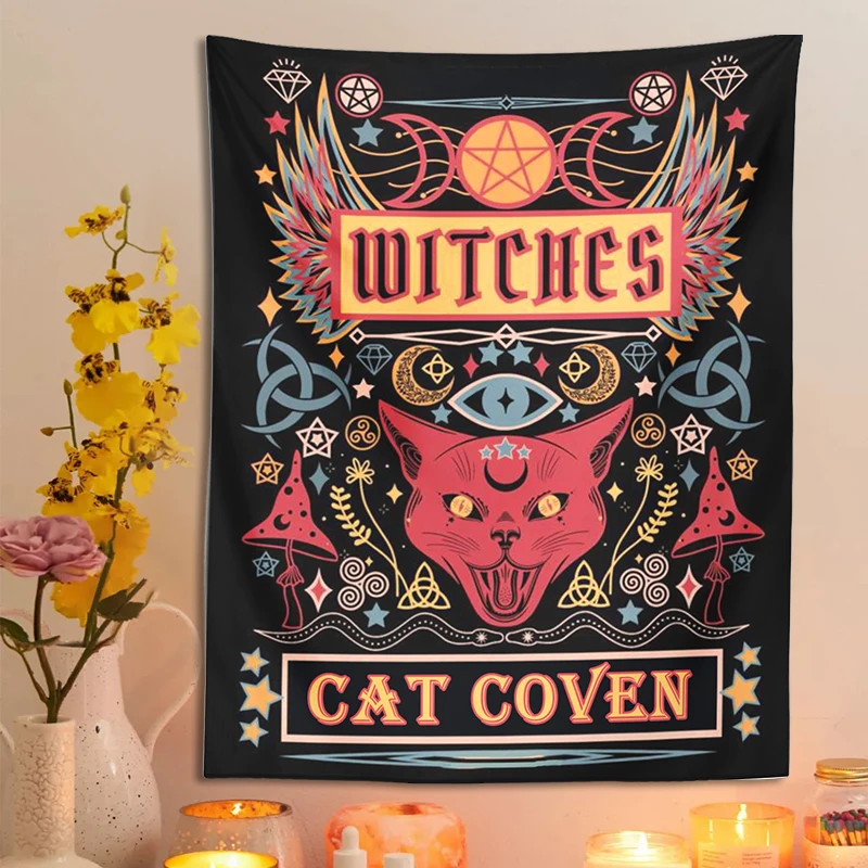 Cat Witchcraft Tapestry Wall Hanging sun moon Tarot mushroom Mysterious Divination for Living Room Home Dorm Decor Cat Coven
