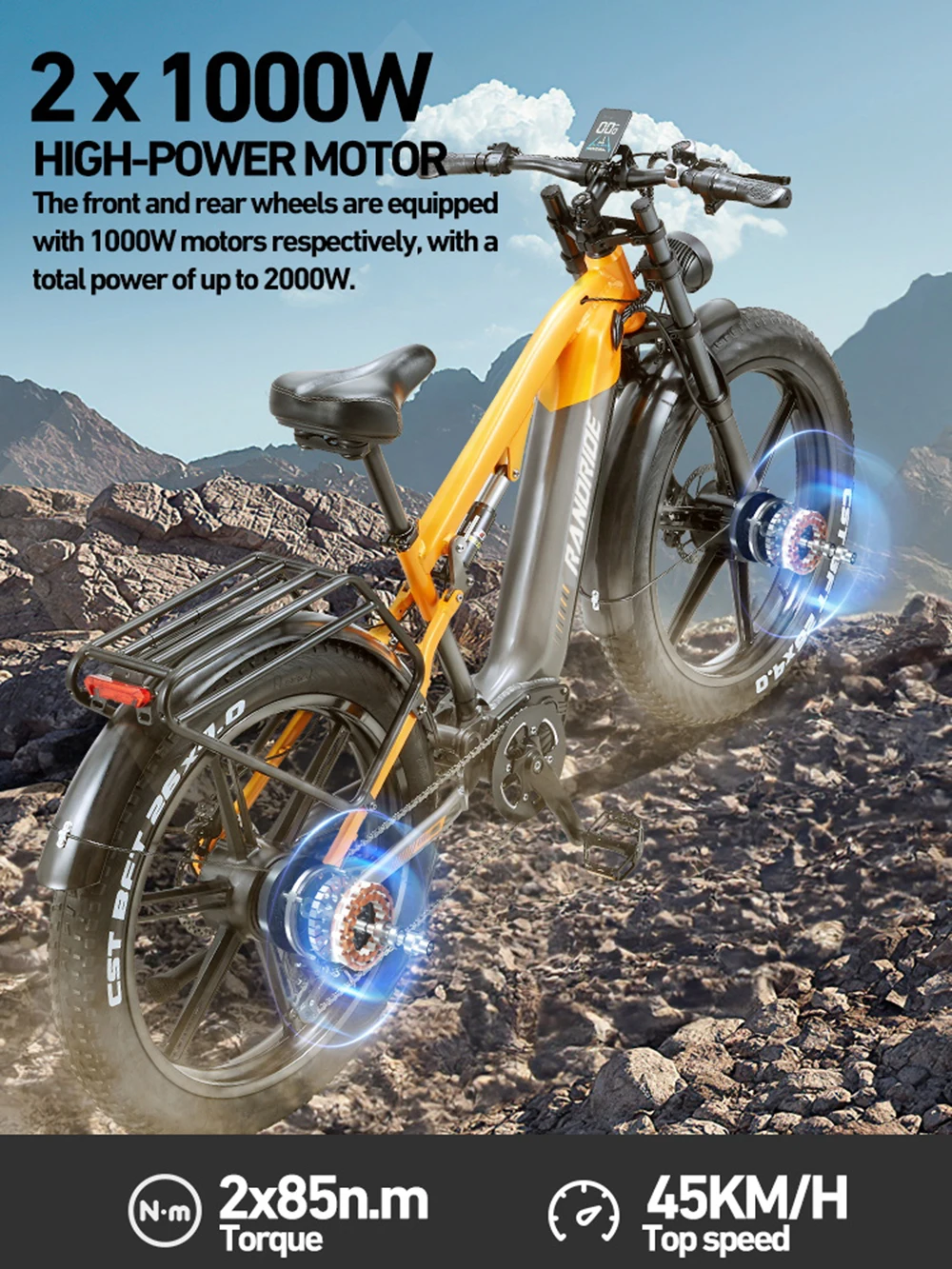 RandRide YX80M-2 Erwachsenen-Elektrofahrrad 45KM/H MAX Geschwindigkeit 90KM Reichweite 2000W Motor 26-Zoll-Reifen 48V 20AH Akku E-Bike – Detail 4