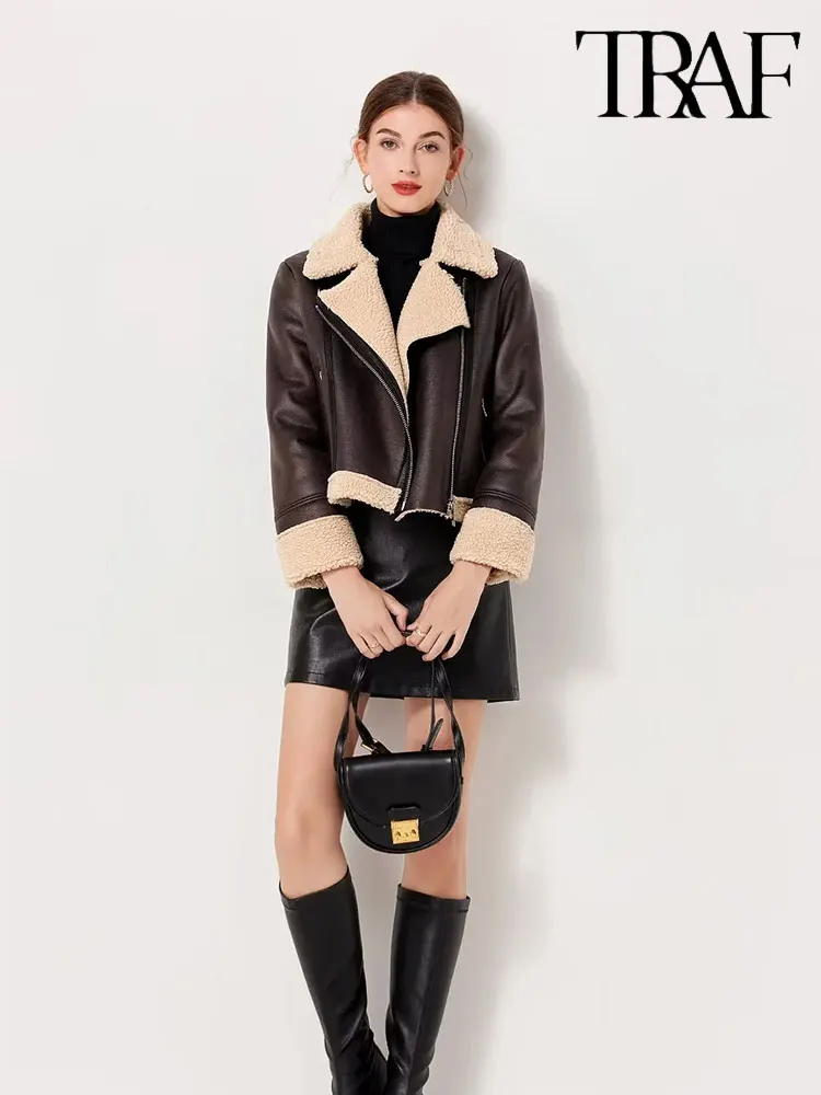 

TRAF 2023 Autumn Winter Women Fashion Thick Warm Faux Shearling Jacket Coat Vintage Long Sleeve Female Outerwear Chic Tops