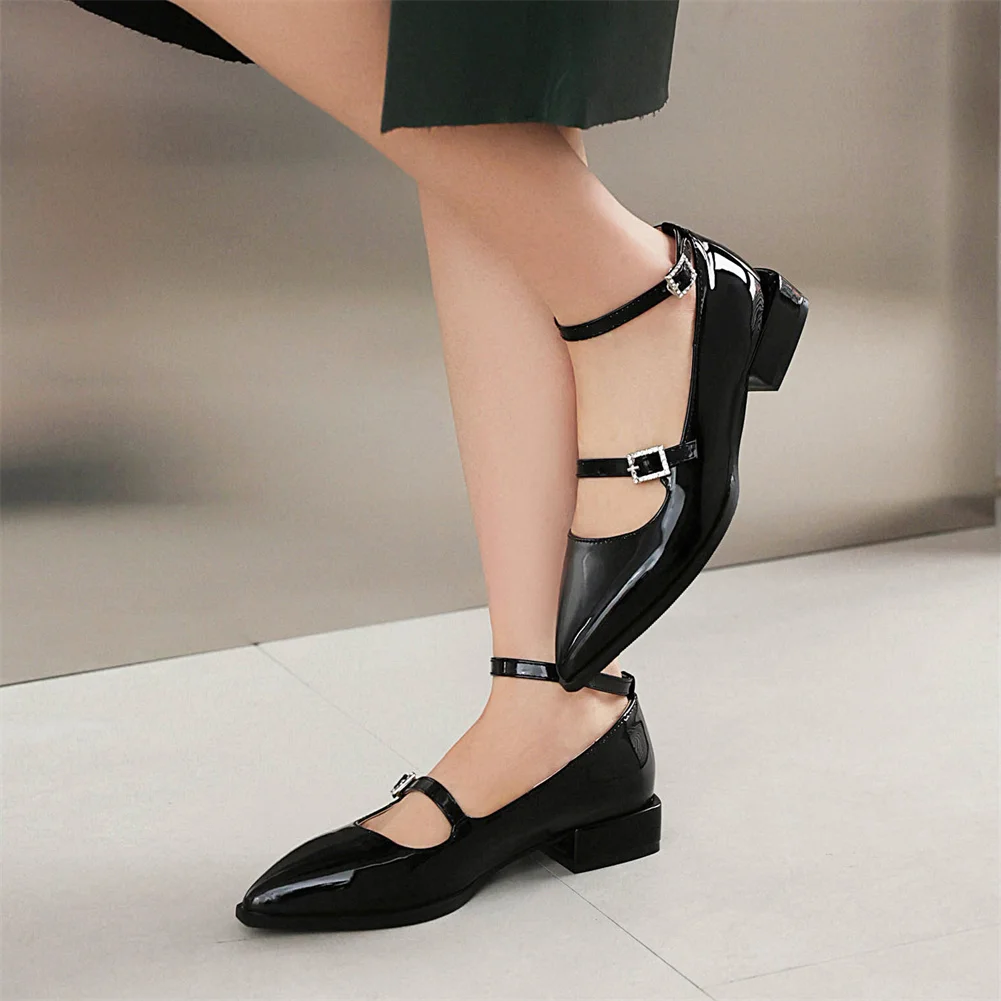 Plus Size 47 Luxury Brand New Ladies Pointed Toe Punk Pumps Fashion Metal Buckle Chunky Heels Pumps Women Party Shoes Woman