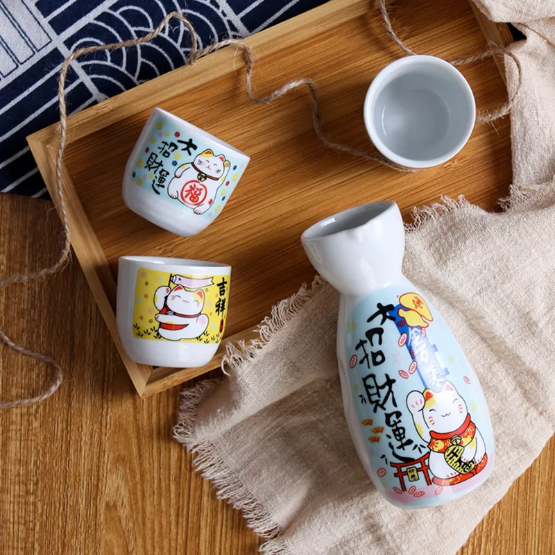 Retro Japanese Sake Wine Set Hand-painted Lucky Cat Ceramics Pot Cups Set