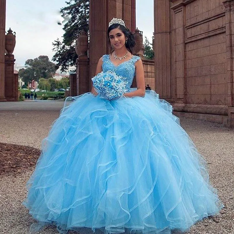 

Милое бальное платье принцессы 15, светло-голубое платье Quinceanera 2022, с V-образным вырезом, аппликациями, блестками, без рукавов, для вечеринки, Карнавальные Платья
