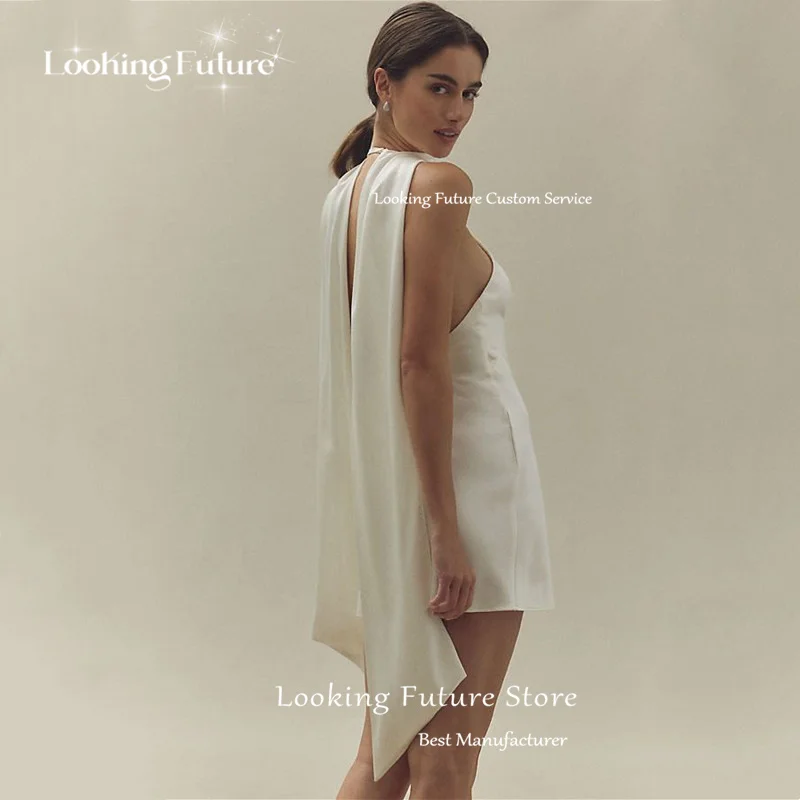 Simple Ivory Mini Wedding Dress Pleat Sexy Halter Sleeveless Bride Dresses Illusion Open Back Short Sheath Prom Gowns Customized 12 S86d642da1ba84c7d93a052e8f0a0b7aeL
