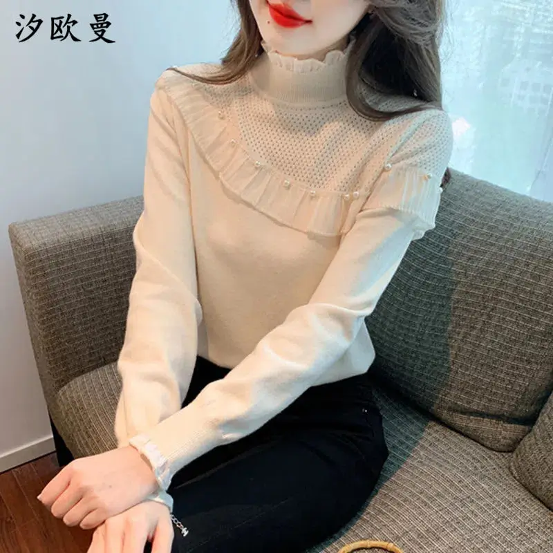 

Pullover Sweater 2023 Autumn/Winter Design Sense Half High Neck Knitted Ruffle Edge Heavy Work Bead Bottom Outerwear female Top