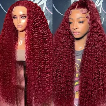 HD Transparent Lace 200 Density 13x4 13x6 Full Frontal Lace 99j Burgundy Preplucked Colored Deep Wave Frontal Human Hair Wig 1