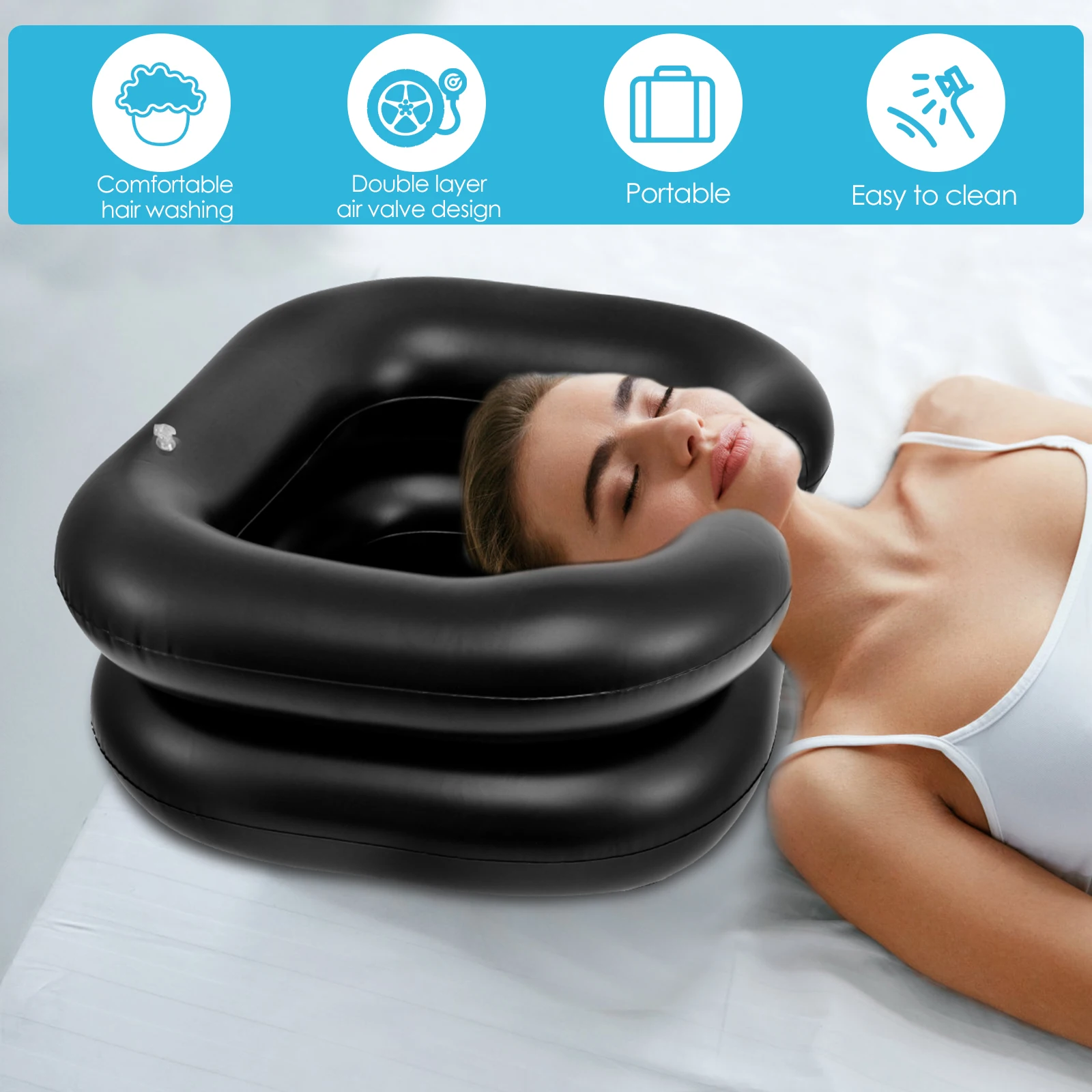 Inflatable Shampoo Basin Foldable Waterproof Hair Washing Basin with with Head and Neck Support Comfortable Hair Shampoo Bowl