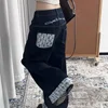 American Retro Plaid Splicing Jeans Women Loose Wide Leg Pants Spring Season Small Audience Butterfly Knot Long Pants