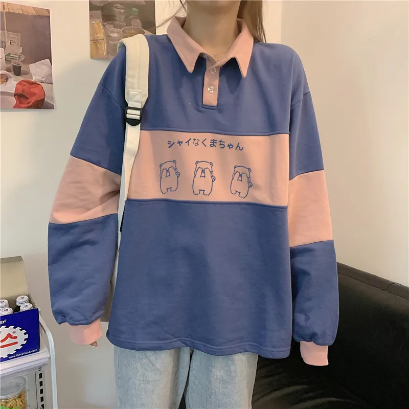 

Blue Splicing Polo Collar Pullover Vintage Sweatshirt Women Long Sleeve Loose Sports Student Streetwear Autumn 2022 Fashion Tops
