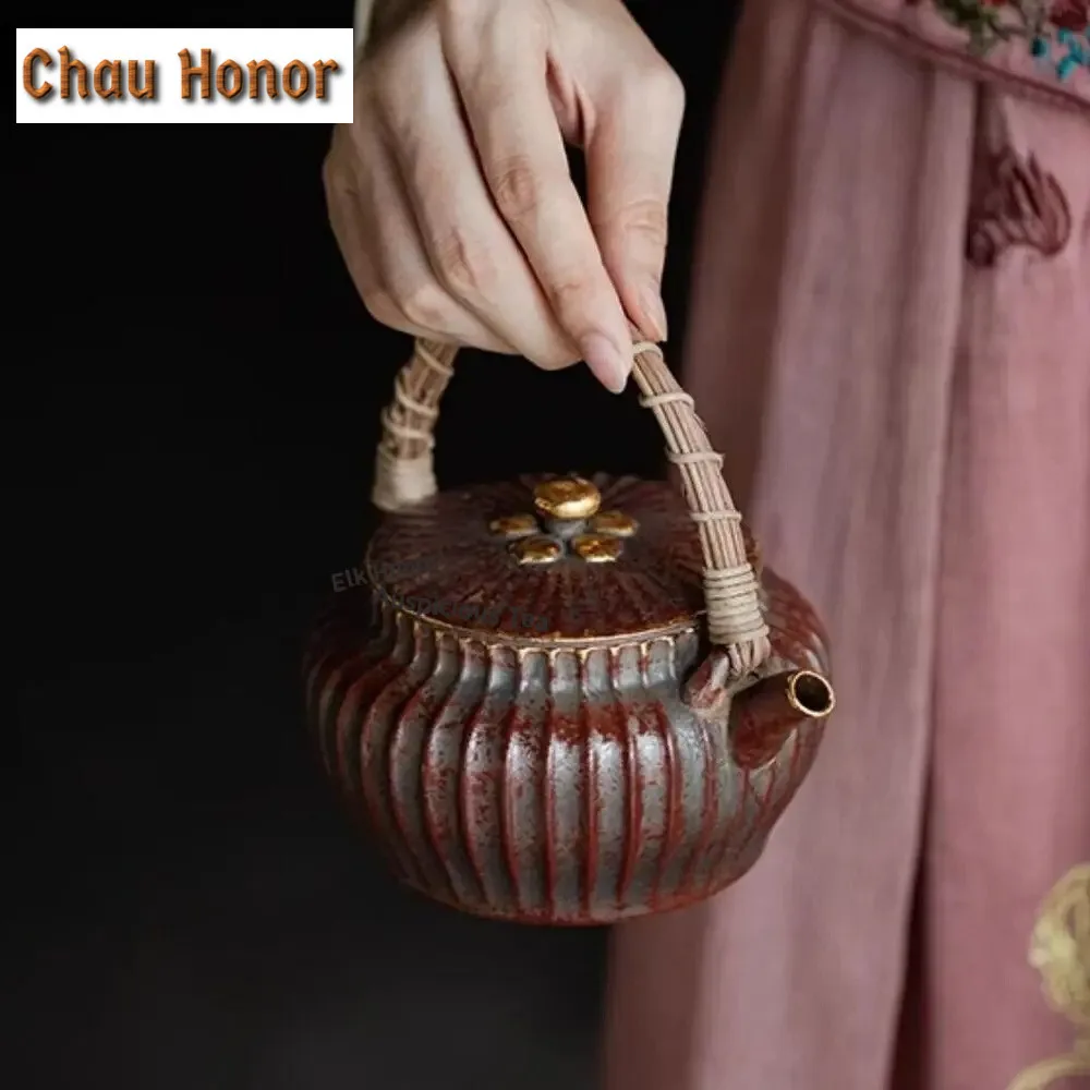 460ml Old Rock Mud Rust Red Teapot Handmade Vine Weaving Pot Chrysanthemum Petal Teapot Zen Tea Soaking Kettle Tea Services Gift