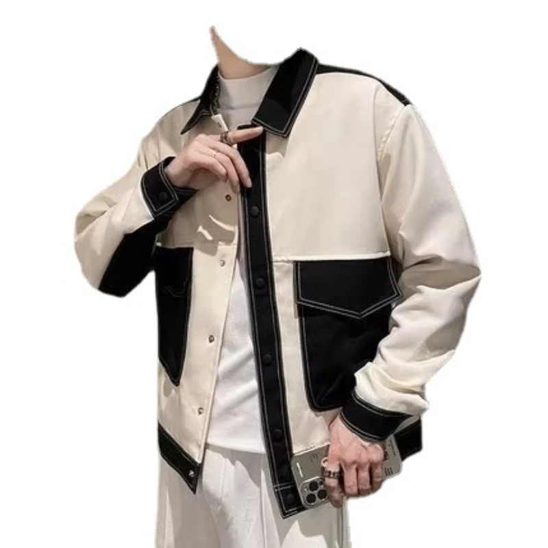 Fall Men's Jacket Jacket Top Workwear Harajuku Locomotive Student Ins Splicing Lapels Denim Trend Casual
