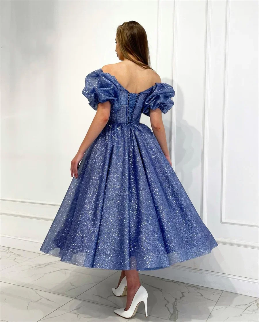 Sexy Banquet women prom dresses Off Shoulder Prom Glitter Ankle Length Sweetheart Evening Gowns Puff Sleeve Backless Cocktail Party