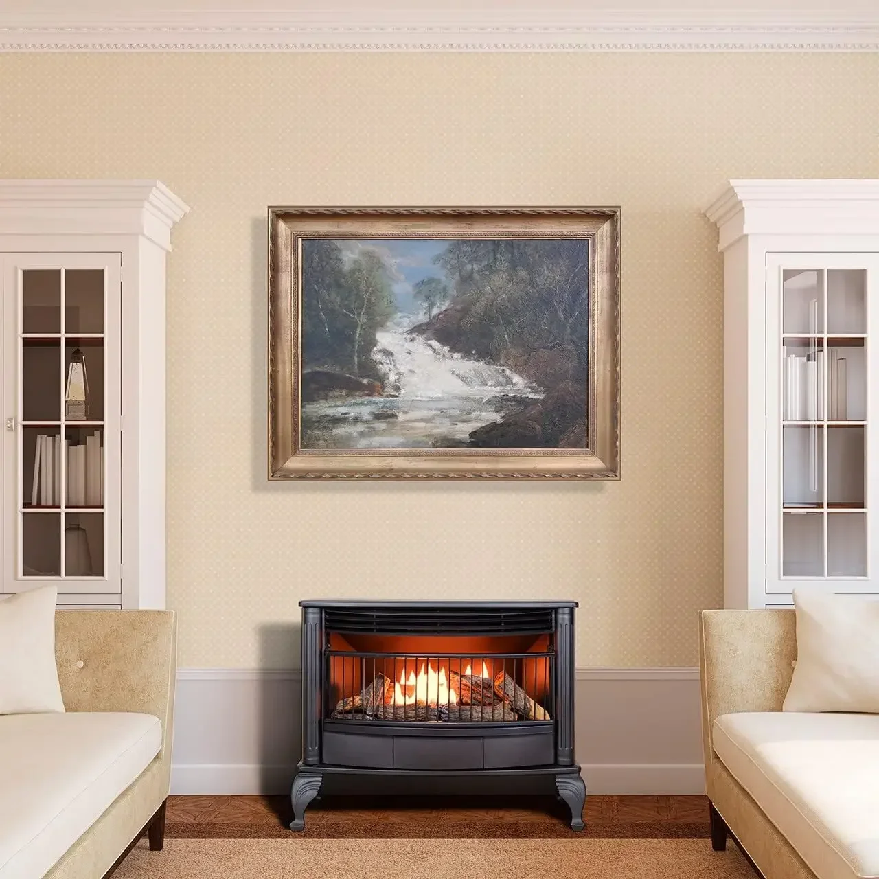 Ventless 25000 BTU Space Saving Free Standing Dual Fuel Fireplace with Built In Thermostat Control Heats up to 1100 Square Feet