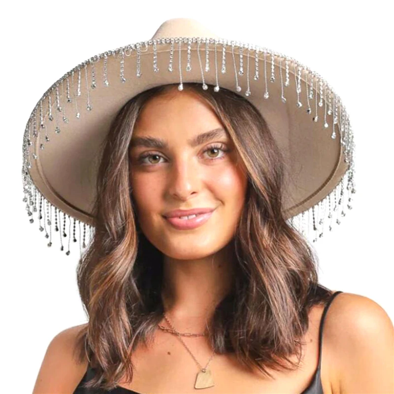 Lamuusaa Cowgirl Hats Women Western Aesthetic Wide Brim Rhinestone Tasseled Large Cap Party Clubwear Cottagecore Accessories