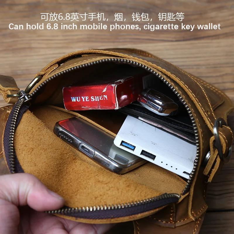 NZPJ Vintage Genuine Leather Men's Waist Bag Natural Cowhide Outdoor Motorcycle Men's Bag Crazy Horse Leather Mobile Phone Bag
