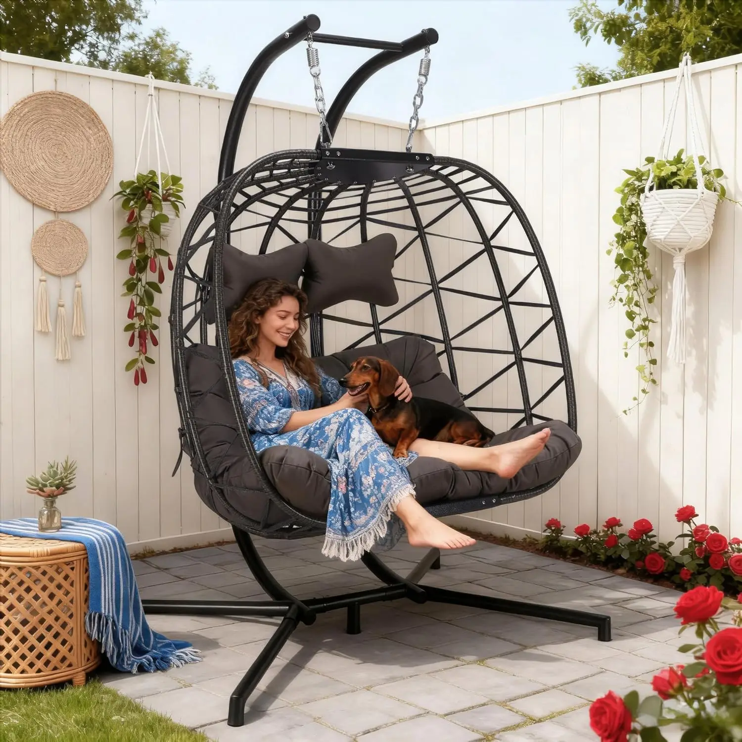 2 Person Egg Swing Chair Outdoor Oversized, 700Lbs Heavy Duty Wicker Double Hanging Egg Chair with Stand for Outside, Comfy