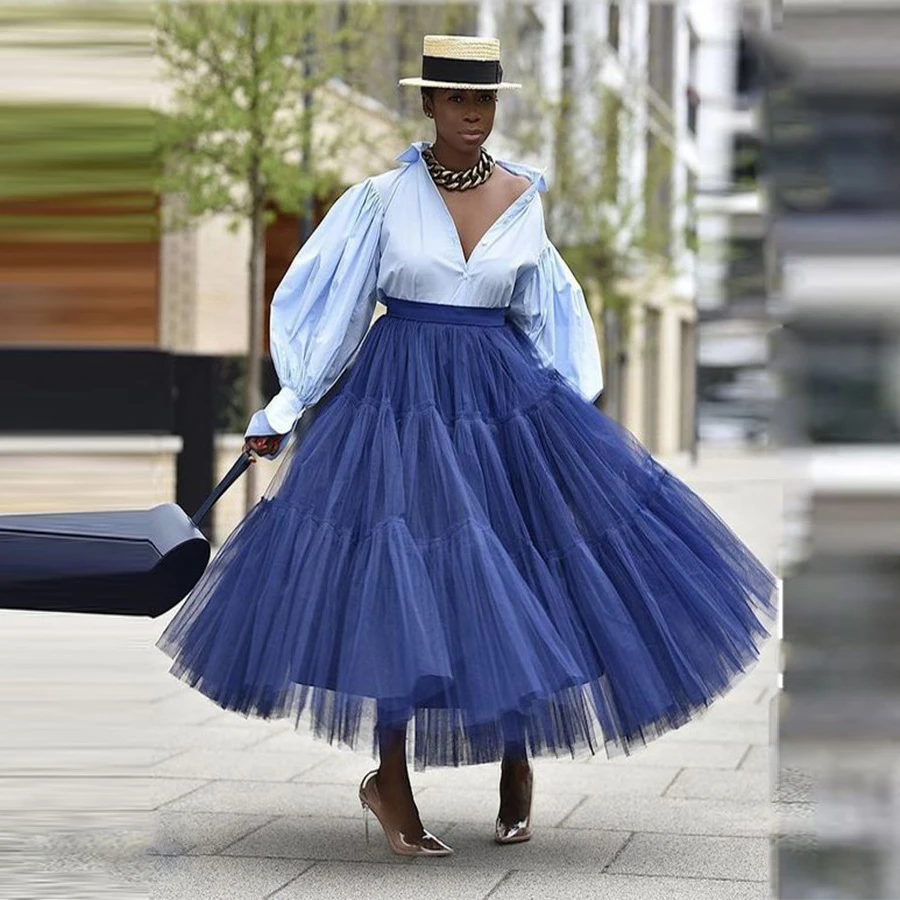 

Elegant Navy Blue Tulle Skirts Women Custom Made Puffy Tutu Skirt Ankle Length High Street Tulle Skirt Women