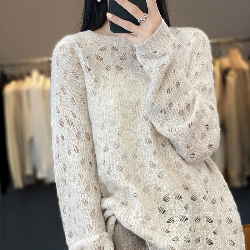 Loose hollow pullover round neck thin sweater short sweater women