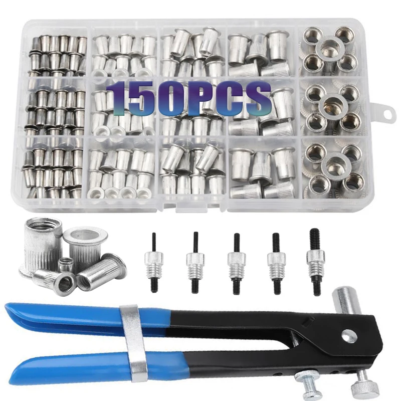 150pcs Rivet Nuts Gun Mandrel Kit M3/M4/M5/M6/M8 or Nut Rivet Mandrel Repair Tool Rivet Gun Flathead Screw Pop Nut Rivet Gun Set