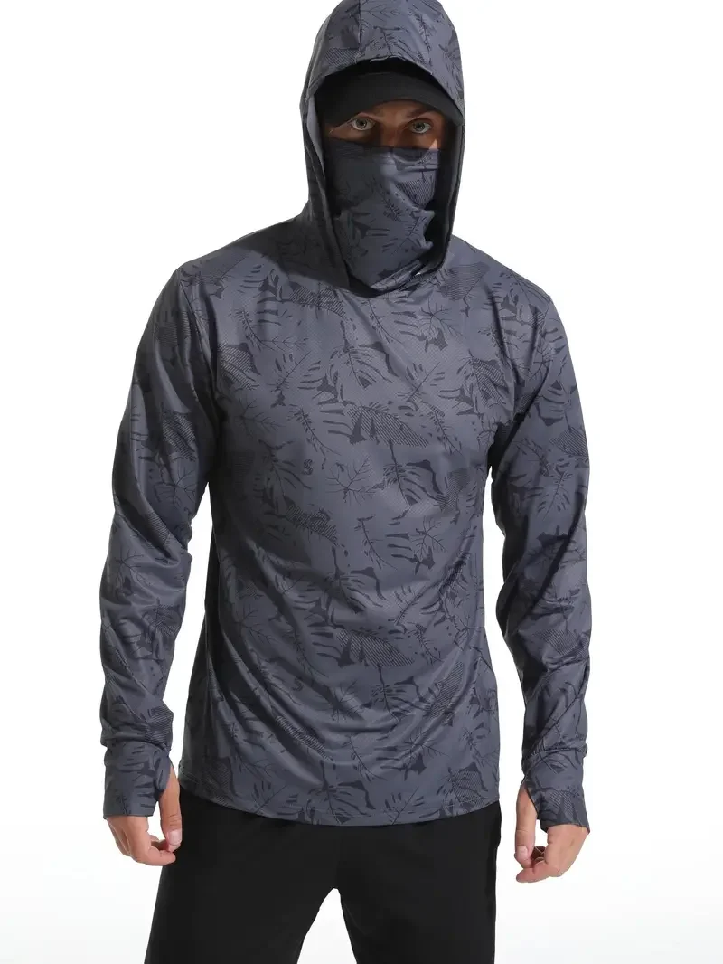 2024 Hooded Face Mask Sun Protection UV Protection Grey camouflage Long Sleeved Hiking Sportswear Fishing Suit