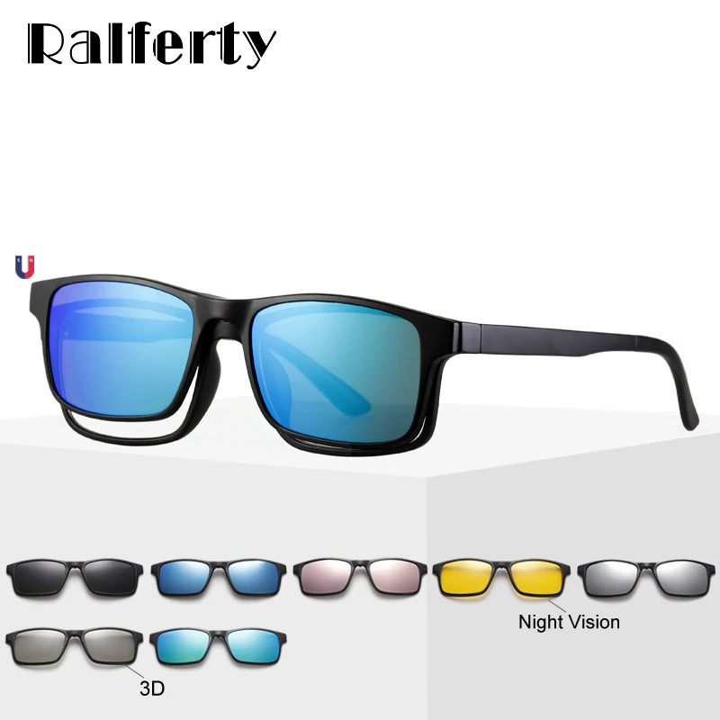 Ralferty 자석 선글라스 남자 안경에 편광 클립 여성 스퀘어 안경 TR90 UV400 3D 광학 프레임 7 In 1 Oculos A2247