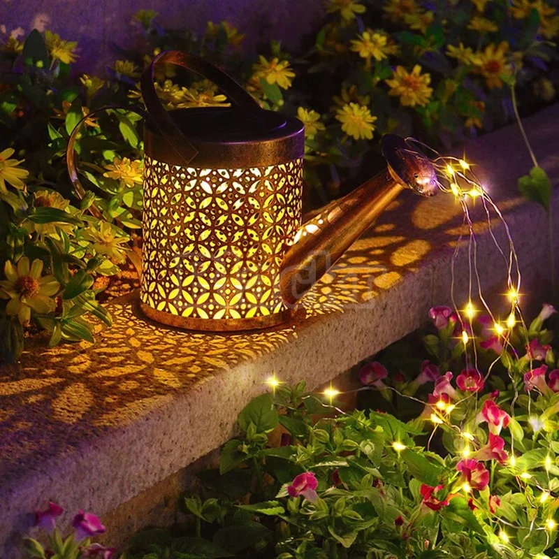 Outdoor Garden LED Solar Powered Hollow Out Can Sprinkles Fairy Lights Waterproof Metal Watering Can Landscape Decor Lights