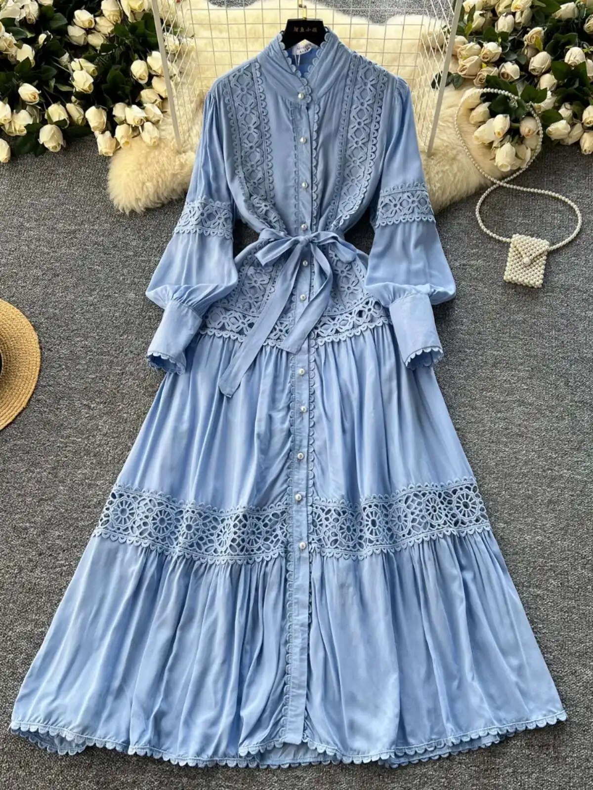 【美品】Winter Lace Belted Long Dress ネイビー 美品】Winter Lace Belted Long Dress ネイビー Winter Lace