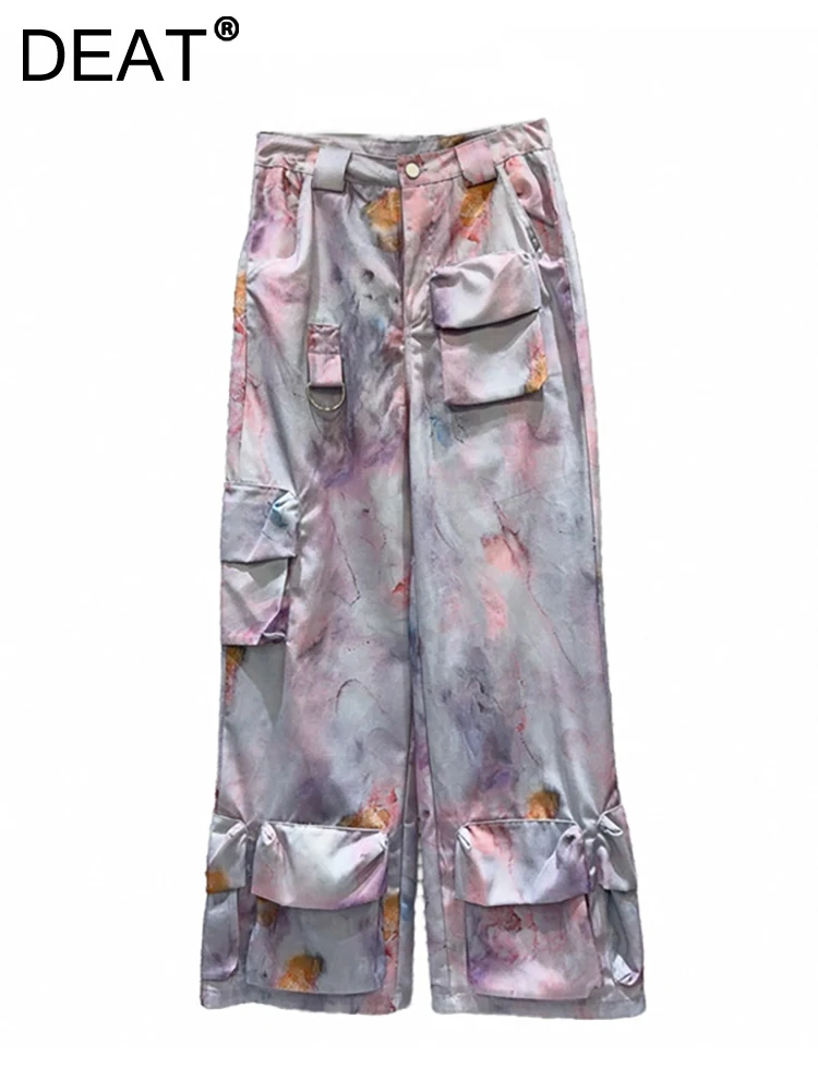 

Женские прямые брюки-карго DEAT, фиолетовые свободные брюки с высокой талией и принтом, с несколькими карманами, лето 2024