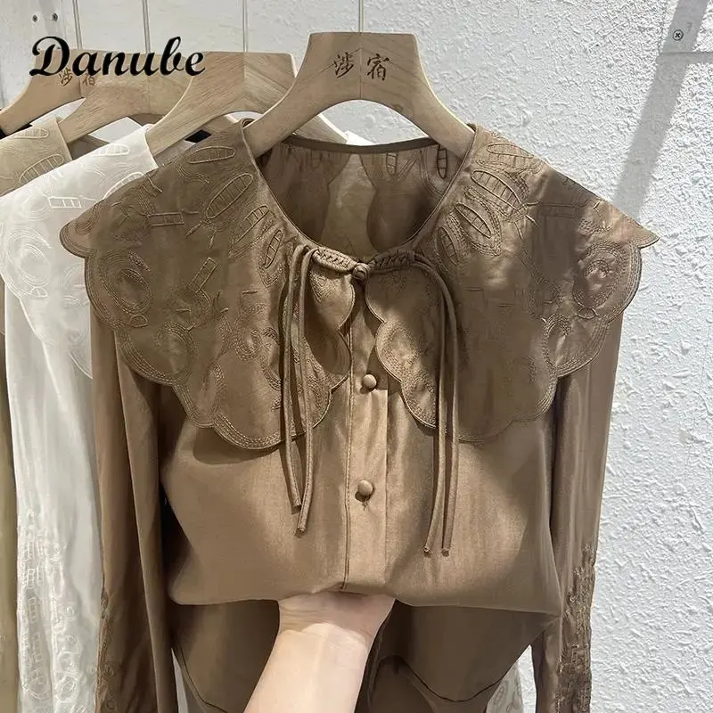 

Vintage Peter Pan Collar French Blouse Women Spring Korean Style Lace-up Button Long Sleeve Shirt Female Spring Loose Casual Top